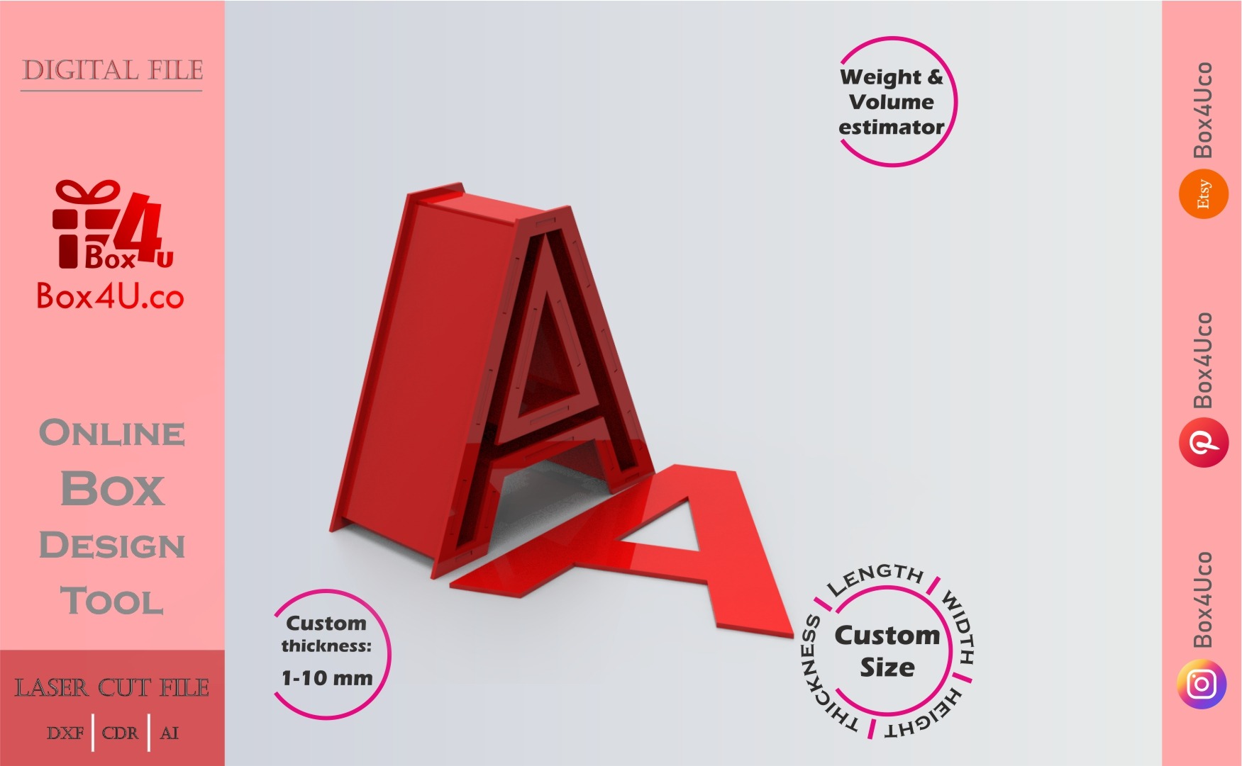 Make Letter A Box | red acrylic | Online app tool for letter boxes | custom size laser cut file DXF, AI, CDR | Box4U