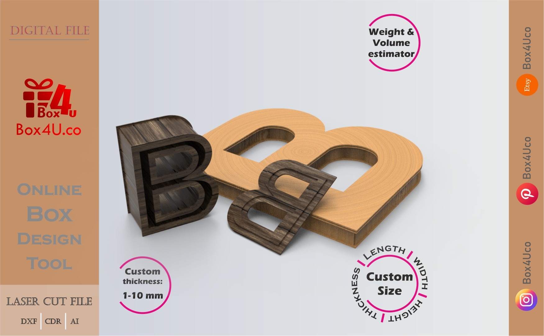 Online Design Letter B Box | walnut | software tool for letter boxes | custom size laser cut file DXF, AI, CDR | Box4U