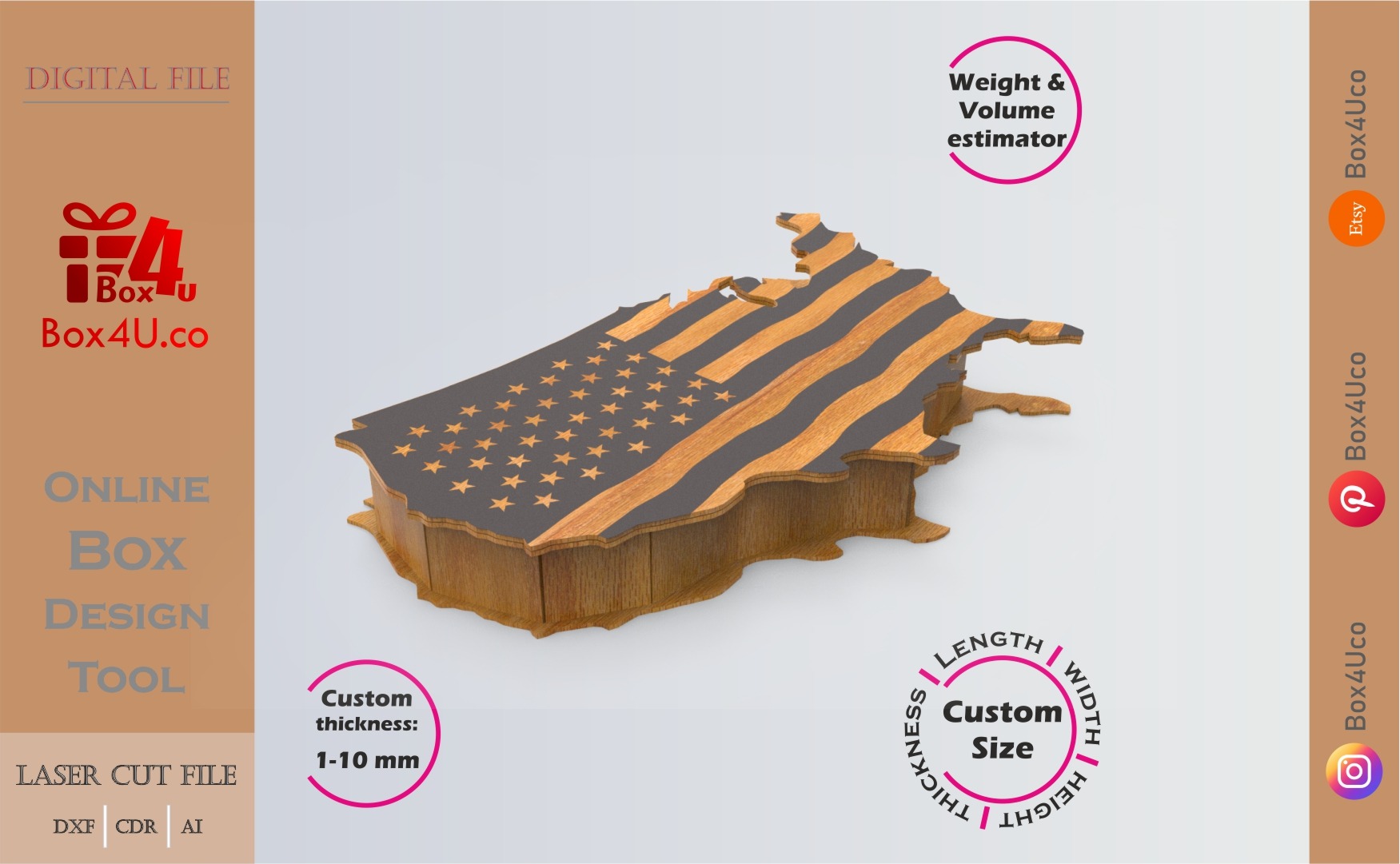 Online Design USA map Box | wooden | App tool for map boxes | custom size laser cut file DXF, AI, CDR | Box4U