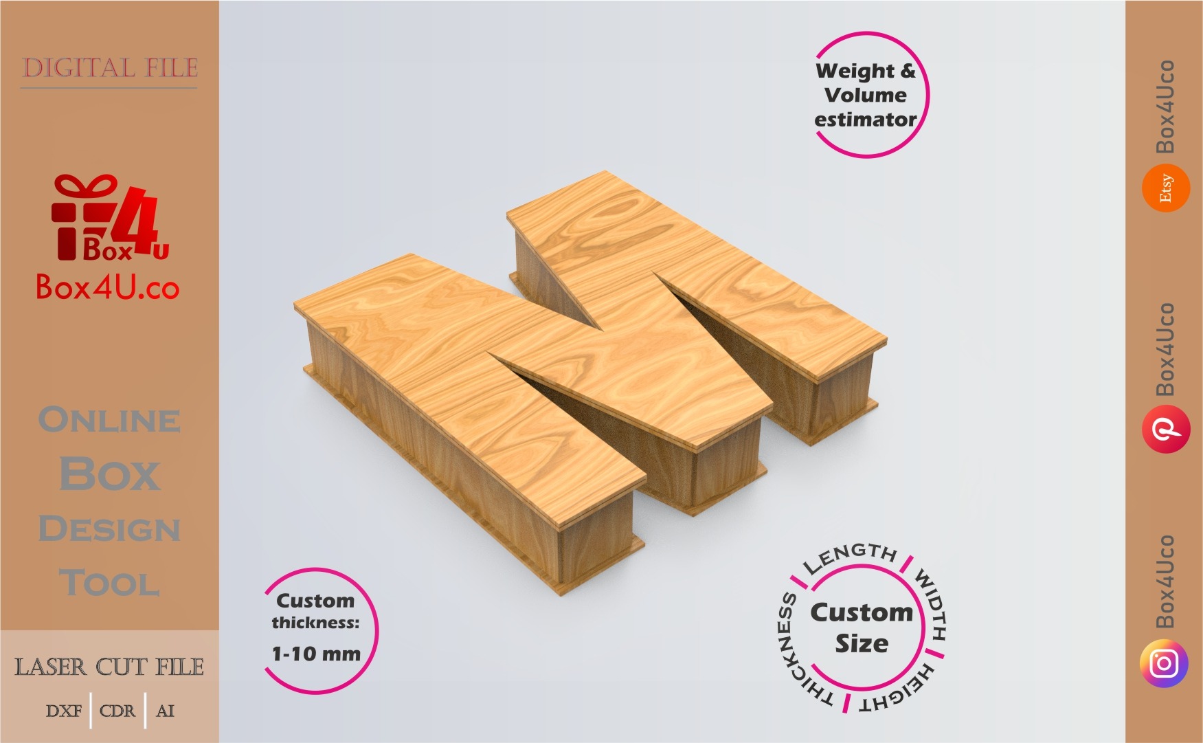 Online Design Letter M Box | wooden | App tool for letter boxes | custom size laser cut file DXF, AI, CDR | Box4U