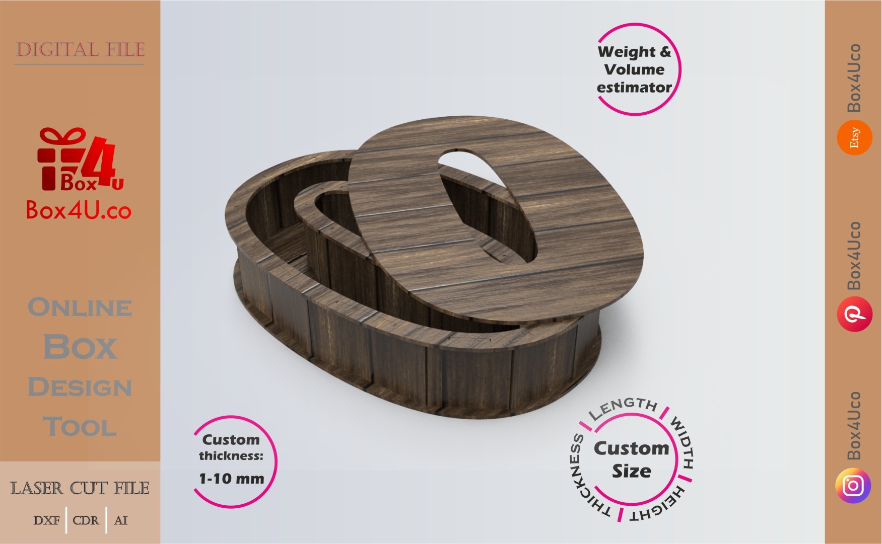 Online Design Number 0-shaped Box | walnut | software tool for number shaped boxes | custom size laser cut file DXF, AI, CDR | Box4U