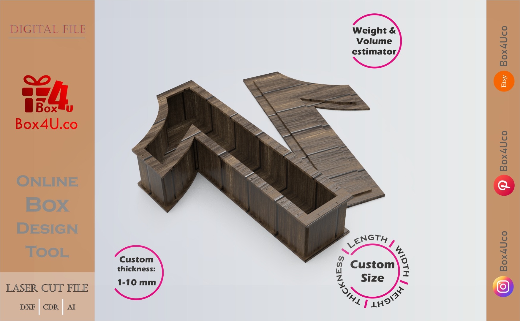Online Design Number 1-shaped Box | walnut | software tool for number shaped boxes | custom size laser cut file DXF, AI, CDR | Box4U