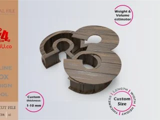 Online Design Number 3-shaped Box | walnut | software tool for number shaped boxes | custom size laser cut file DXF, AI, CDR | Box4U