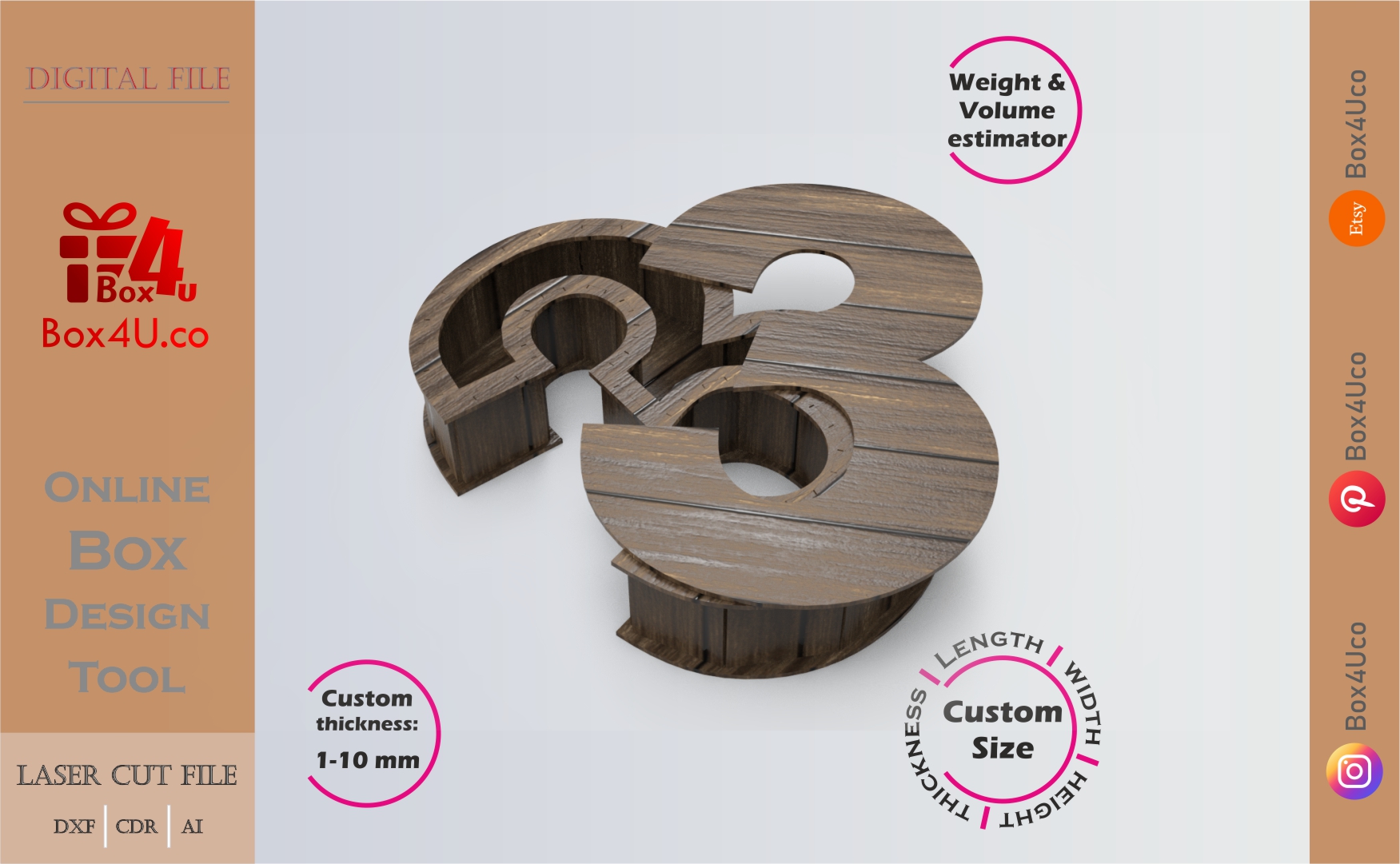 Online Design Number 3-shaped Box | walnut | software tool for number shaped boxes | custom size laser cut file DXF, AI, CDR | Box4U