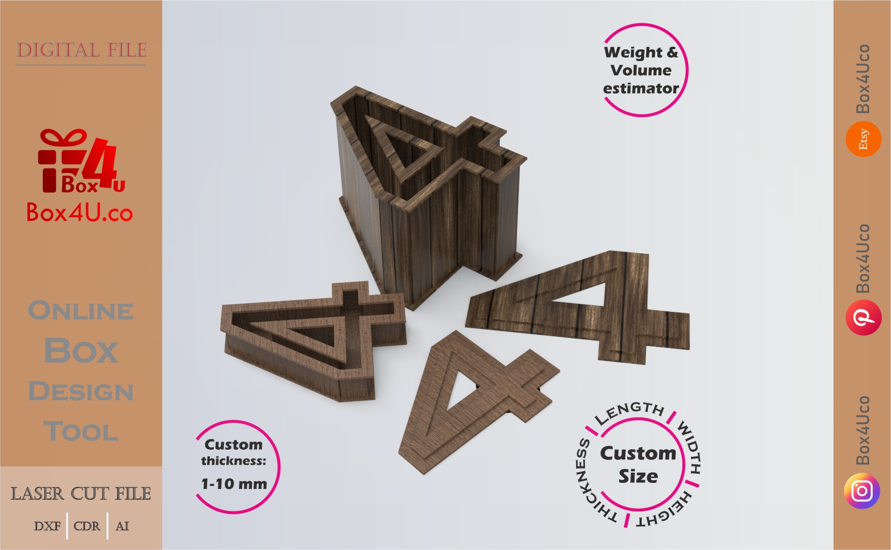 Online Design Number 4-shaped Box | walnut | software tool for number shaped boxes | custom size laser cut file DXF, AI, CDR | Box4U