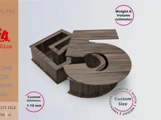 Online Design Number 5-shaped Box | walnut | software tool for number shaped boxes | custom size laser cut file DXF, AI, CDR | Box4U