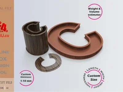 Online Design Letter C Box | walnut | software tool for letter boxes | custom size laser cut file DXF, AI, CDR | Box4U