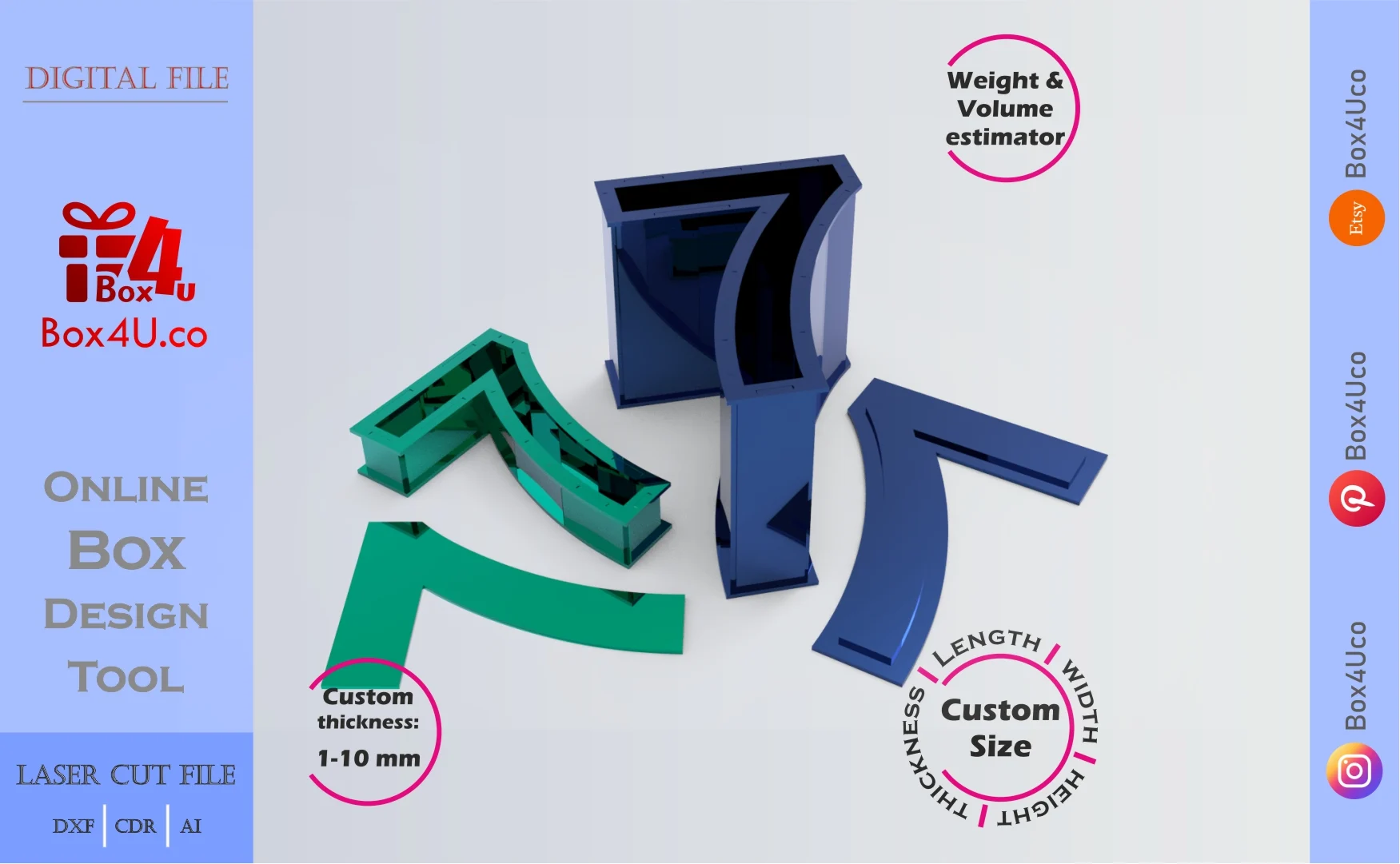Make Number 7-shaped box | blue metal | Online design for number shaped box | custom size laser cut file DXF, AI, CDR | Box4U