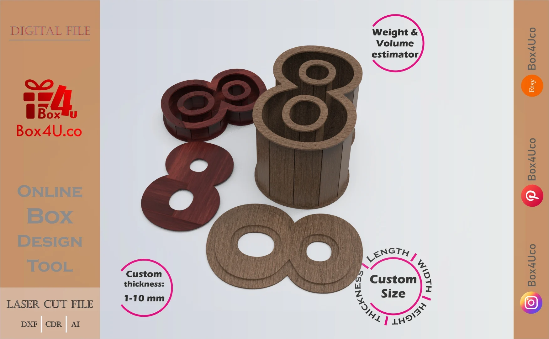 Online Design Number 8-shaped Box | software tool for number shaped boxes | custom size laser cut file DXF, AI, CDR | Box4U