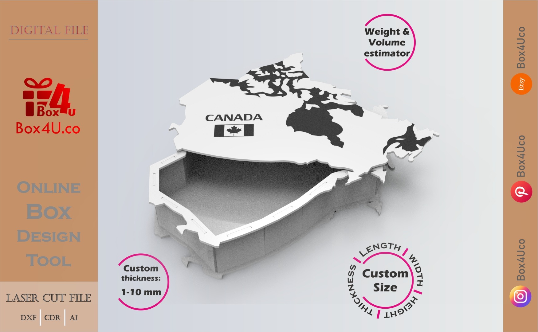 Make Canada map box | black & white acrylic | Online design for map shaped box | custom size laser cut file DXF, AI, CDR | Box4U