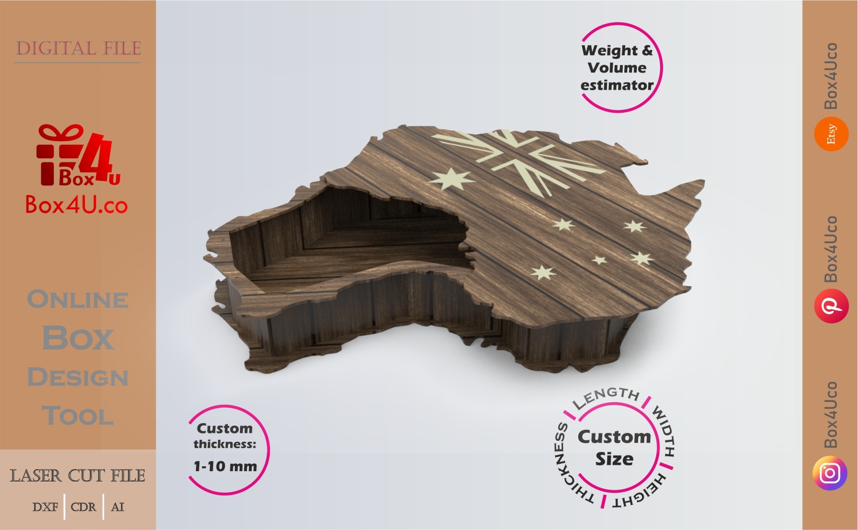 Online Design Australia Box | software tool for countries map box | custom size laser cut file DXF, AI, CDR | Box4U
