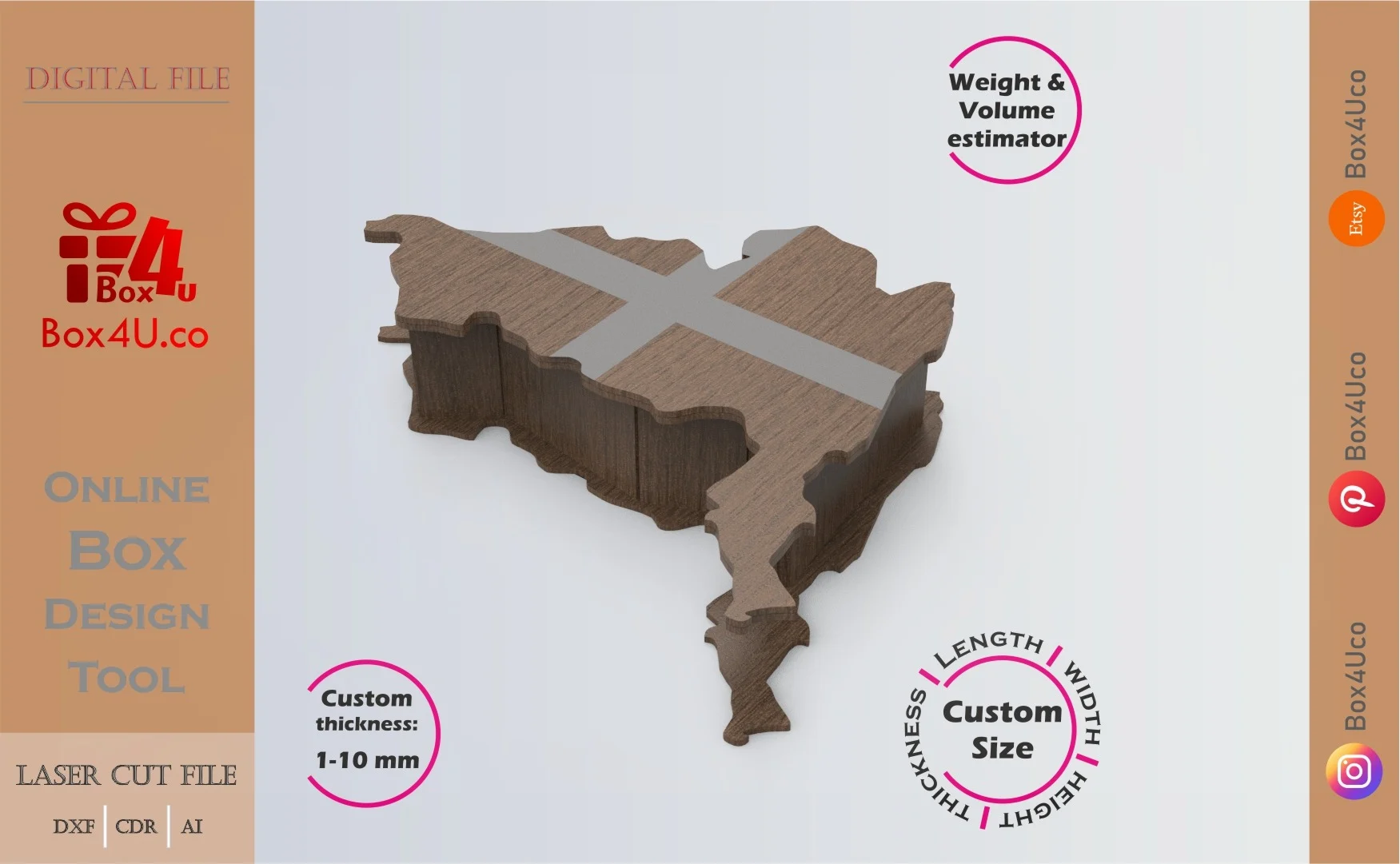 Online Design Brazil Box | software tool for countries map box | custom size laser cut file DXF, AI, CDR | Box4U