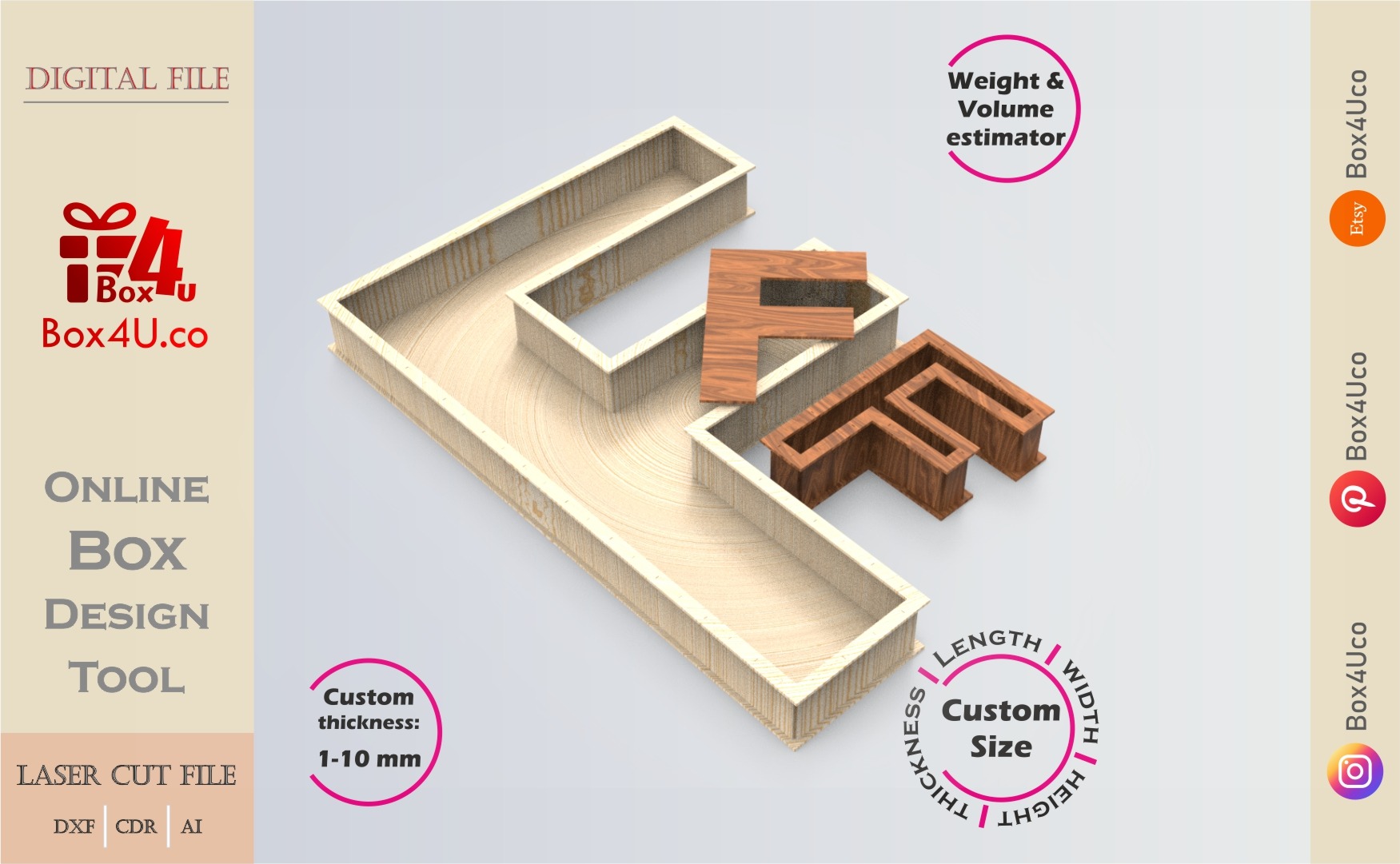 Online Design Letter F Box | wooden | App tool for letter boxes | custom size laser cut file DXF, AI, CDR | Box4U
