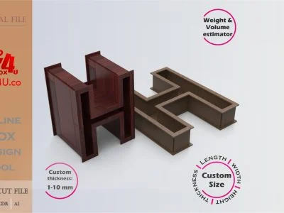 Online Design Letter H Box | walnut | software tool for letter boxes | custom size laser cut file DXF, AI, CDR | Box4U