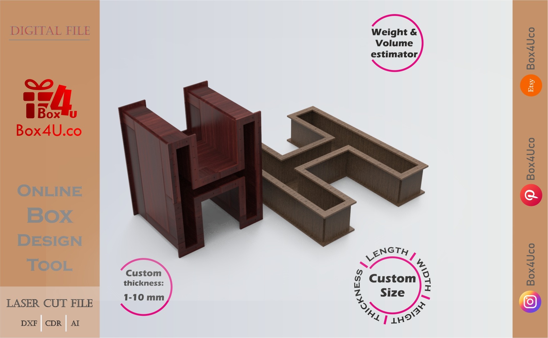 Online Design Letter H Box | walnut | software tool for letter boxes | custom size laser cut file DXF, AI, CDR | Box4U