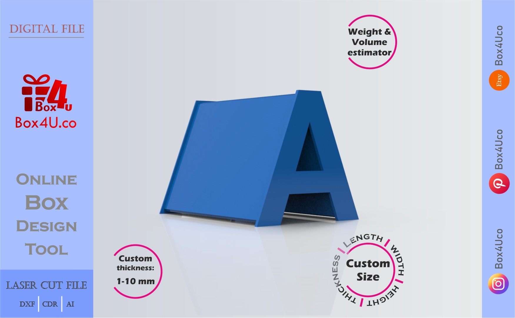 Make Letter A Box | blue acrylic | Online design for letter box | custom size laser cut file DXF, AI, CDR | Box4U