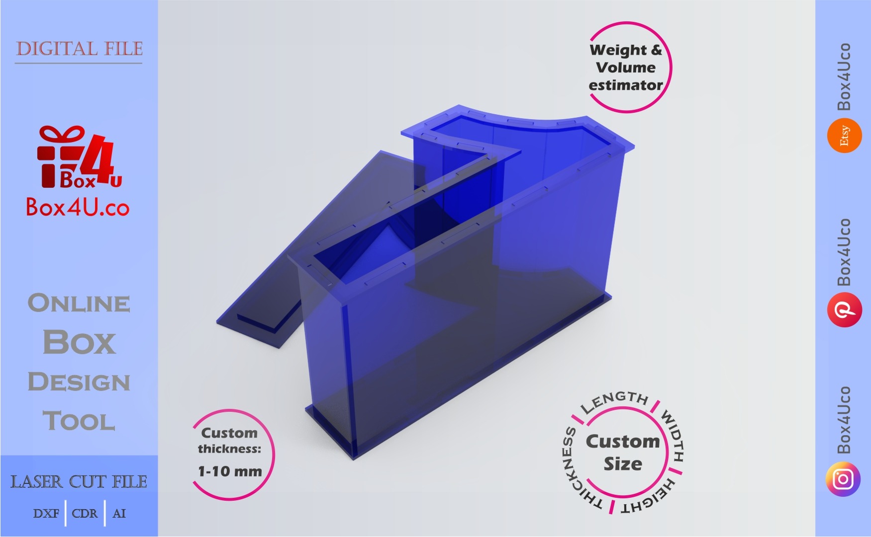 Make Number 1-shaped box | blue acrylic | Online design for number shaped box | custom size laser cut file DXF, AI, CDR | Box4U