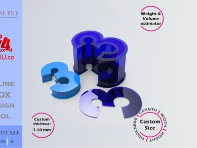 Make Number 3-shaped box | blue acrylic | Online design for number shaped box | custom size laser cut file DXF, AI, CDR | Box4U