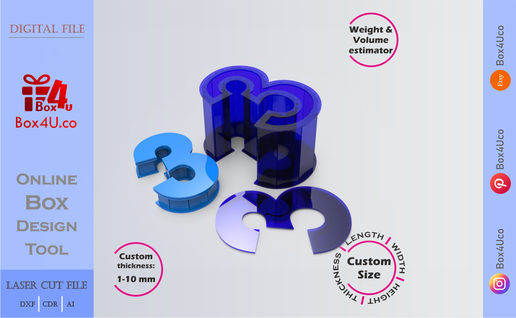 Make Number 3-shaped box | blue acrylic | Online design for number shaped box | custom size laser cut file DXF, AI, CDR | Box4U