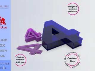 Make Number 4-shaped box | blue acrylic | Online design for number shaped box | custom size laser cut file DXF, AI, CDR | Box4U