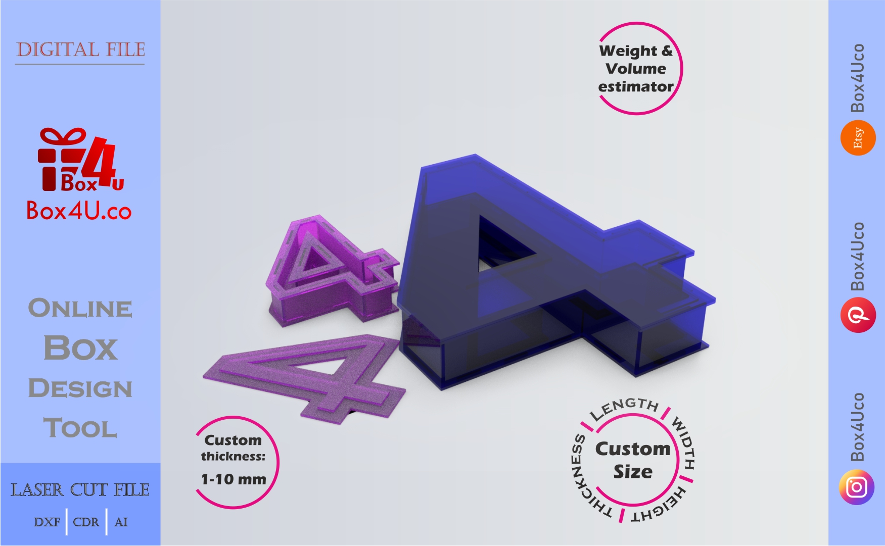 Make Number 4-shaped box | blue acrylic | Online design for number shaped box | custom size laser cut file DXF, AI, CDR | Box4U