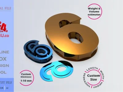 Make Number 6-shaped box | gold & blue metal | Online design for number shaped box | custom size laser cut file DXF, AI, CDR | Box4U
