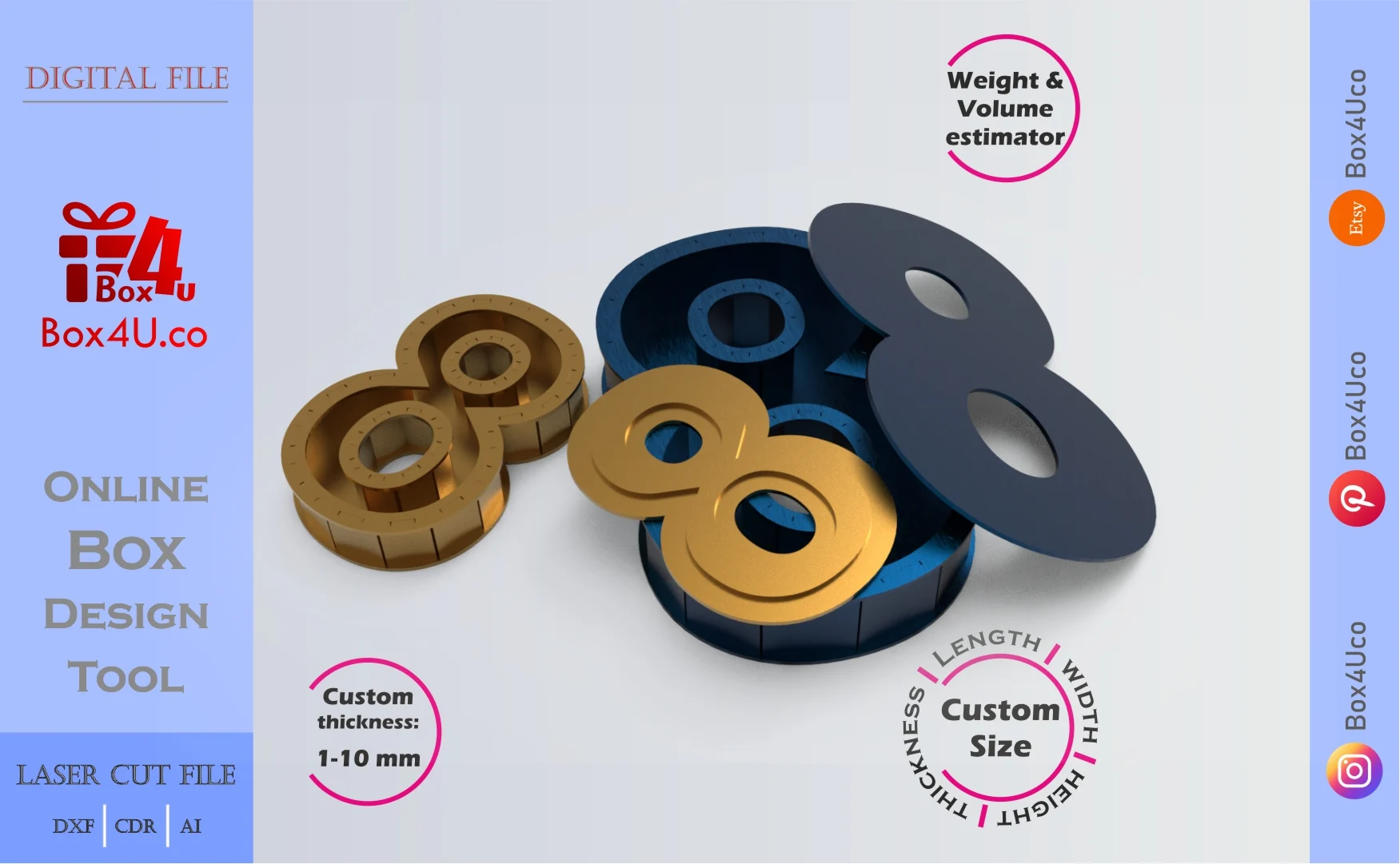 Make Number 8-shaped box | gold & blue metal | Online design for number shaped box | custom size laser cut file DXF, AI, CDR | Box4U
