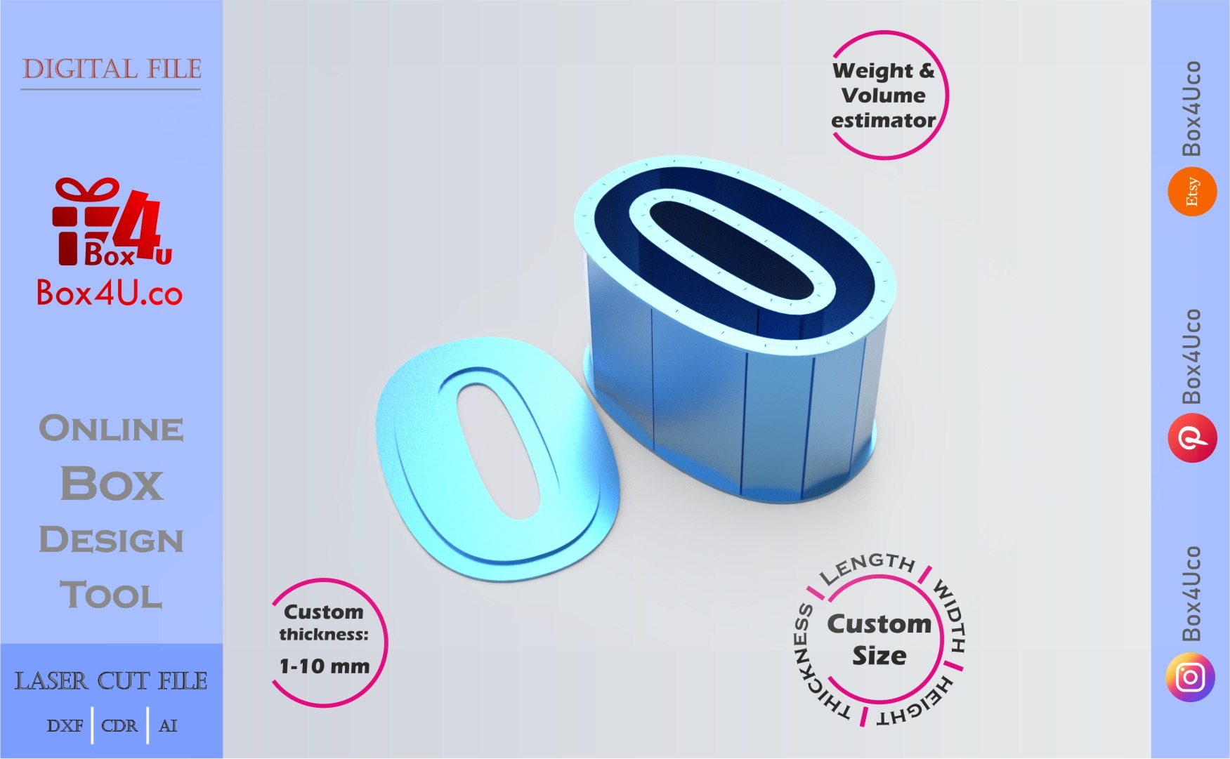Make Number 0-shaped box | blue metal | Online design for number shaped box | custom size laser cut file DXF, AI, CDR | Box4U
