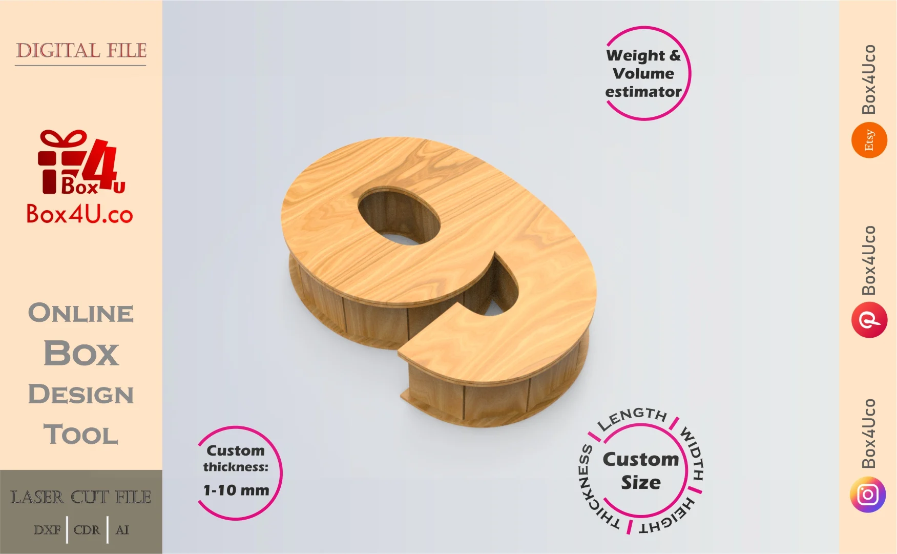 Online Design Number nine 9 Box | wooden | App tool for number shape boxes | custom size laser cut file DXF, AI, CDR | Box4U