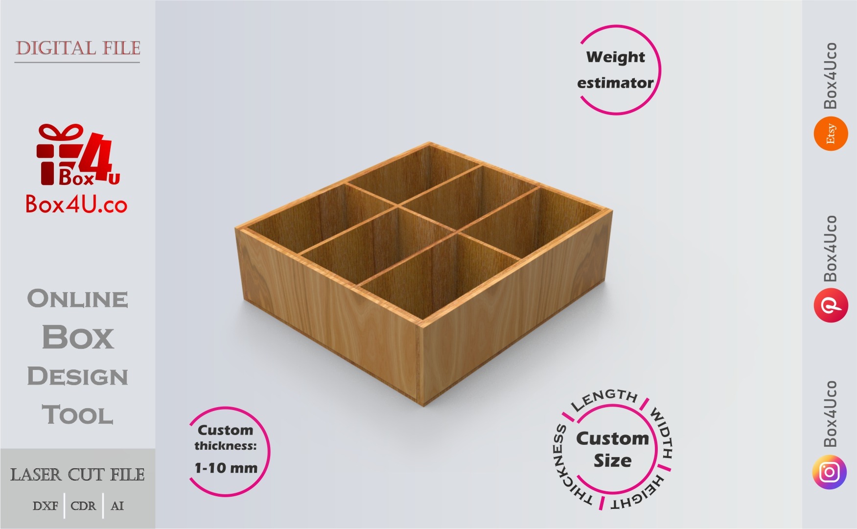 Online design tool for a Cubic Divider Box | custom dimension laser cut file DXF, AI, CDR | Box4U