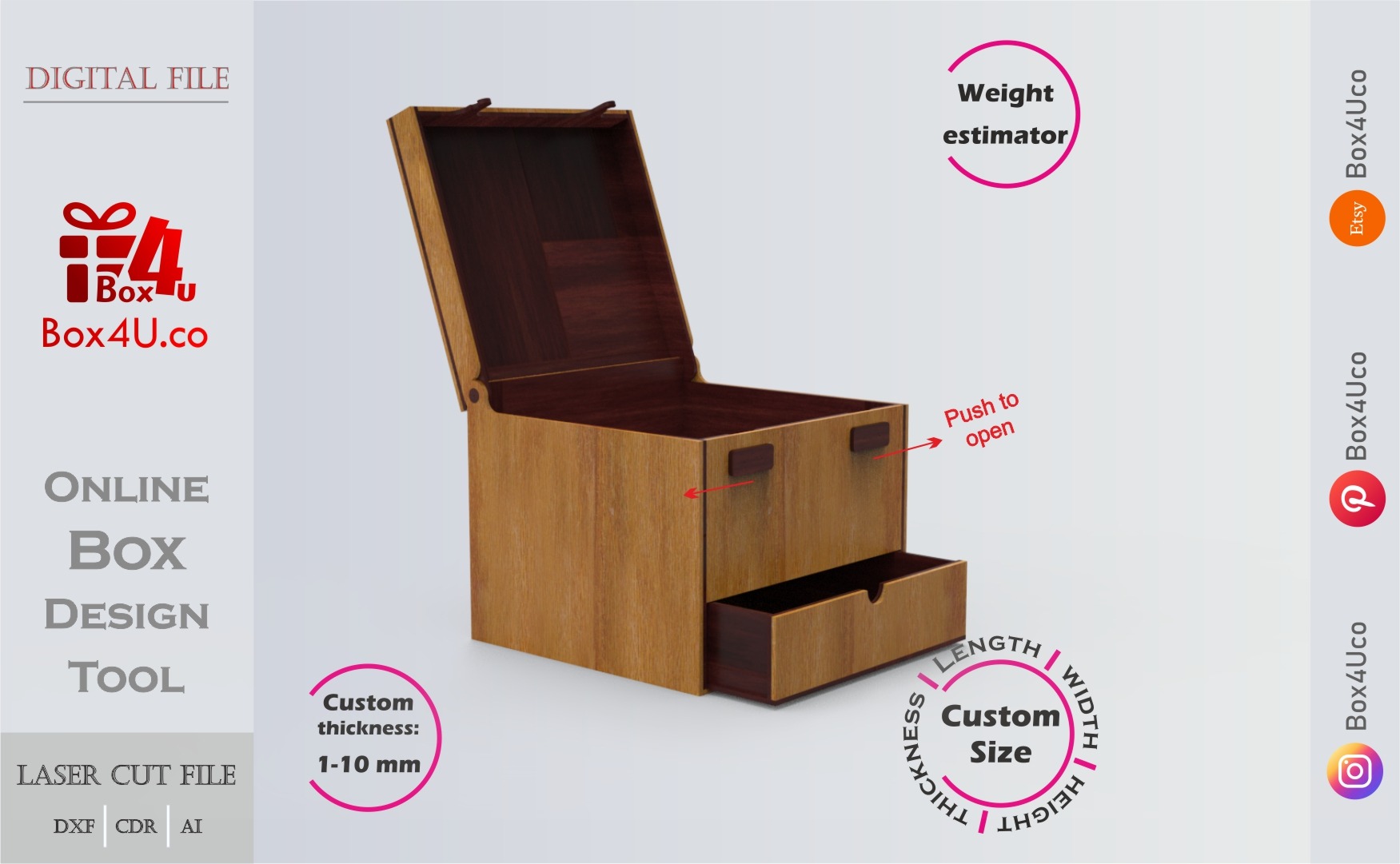 Online design tool for a Latch Box with Drawer | custom dimension laser cut file DXF, AI, CDR | Box4U