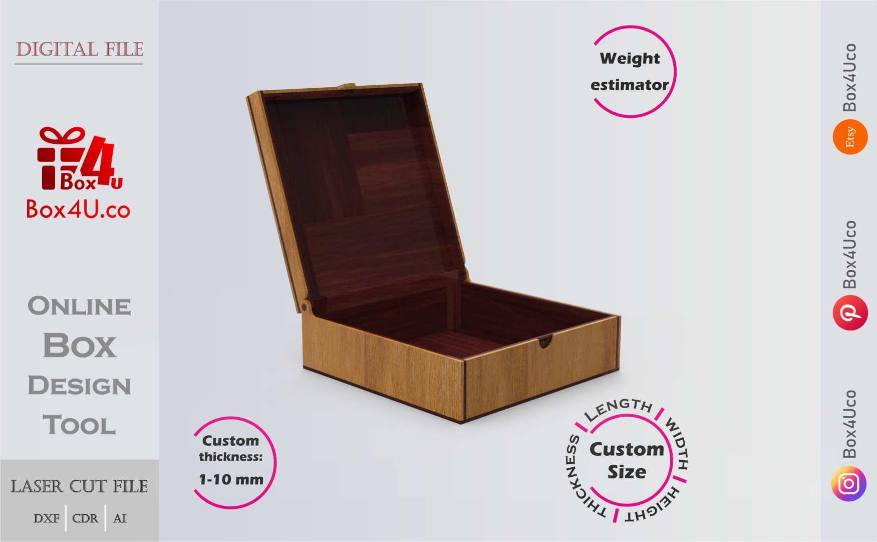 Online design tool for a Cherished Keepsake Box | custom dimension laser cut file DXF, AI, CDR | Box4U