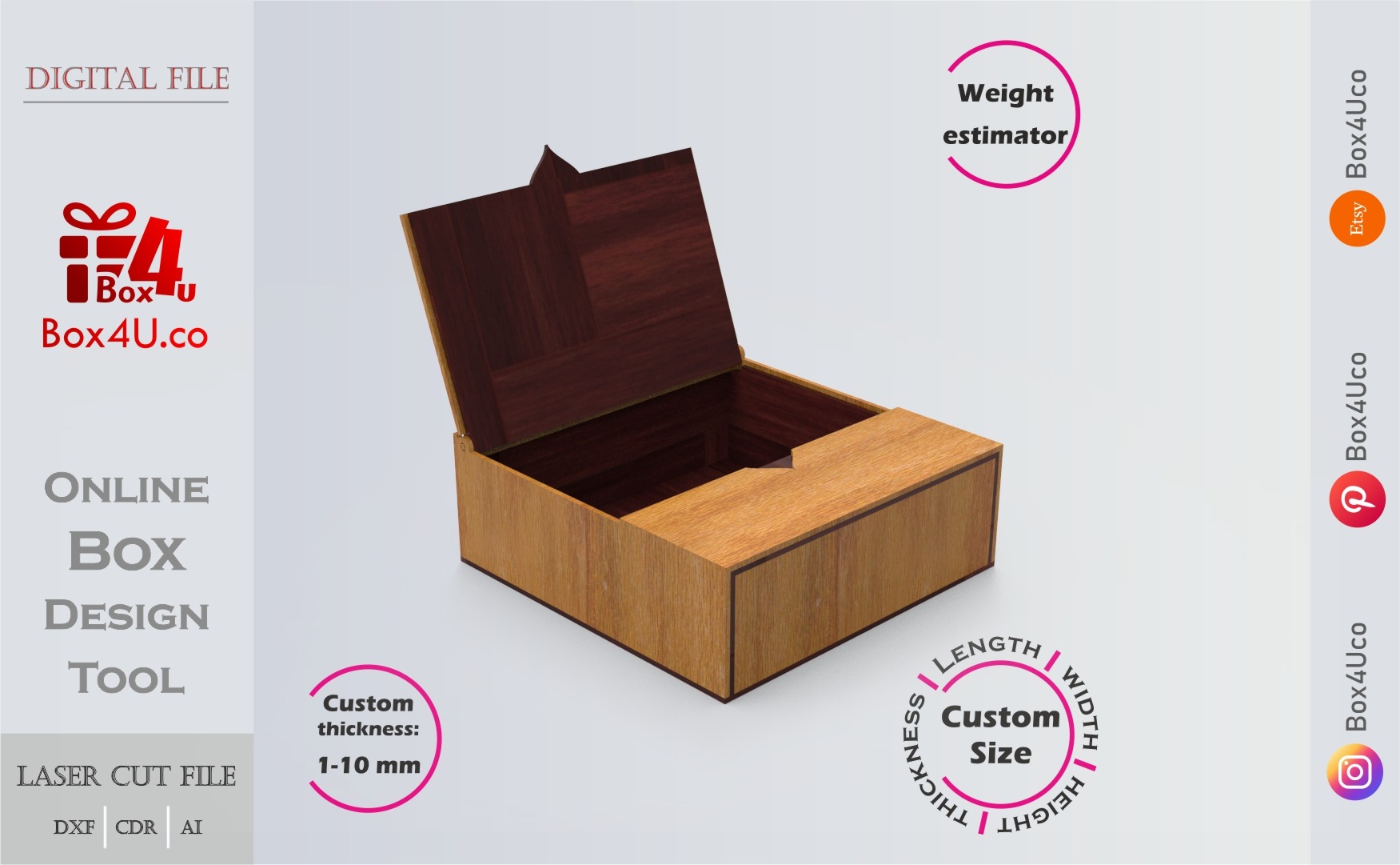 Online design tool for a Top Solo Door Box | custom dimension laser cut file DXF, AI, CDR | Box4U