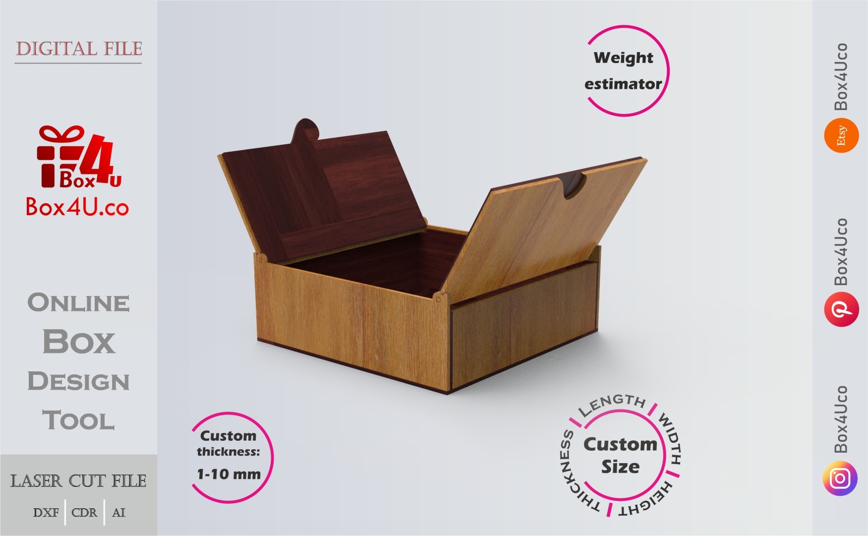 Online design tool for a Top Duo Door Box | custom dimension laser cut file DXF, AI, CDR | Box4U