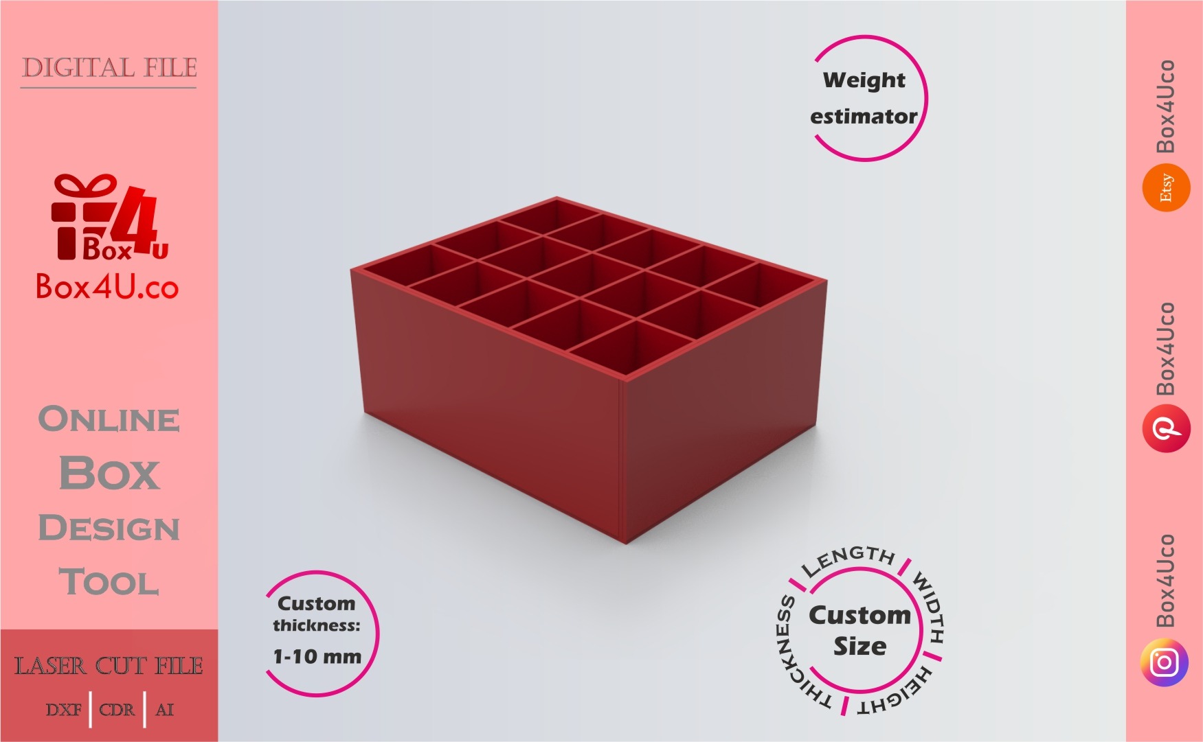 Make Cubic Divider Box | red acrylic | Online app tool for gift boxes | custom size laser cut file DXF, AI, CDR | Box4U