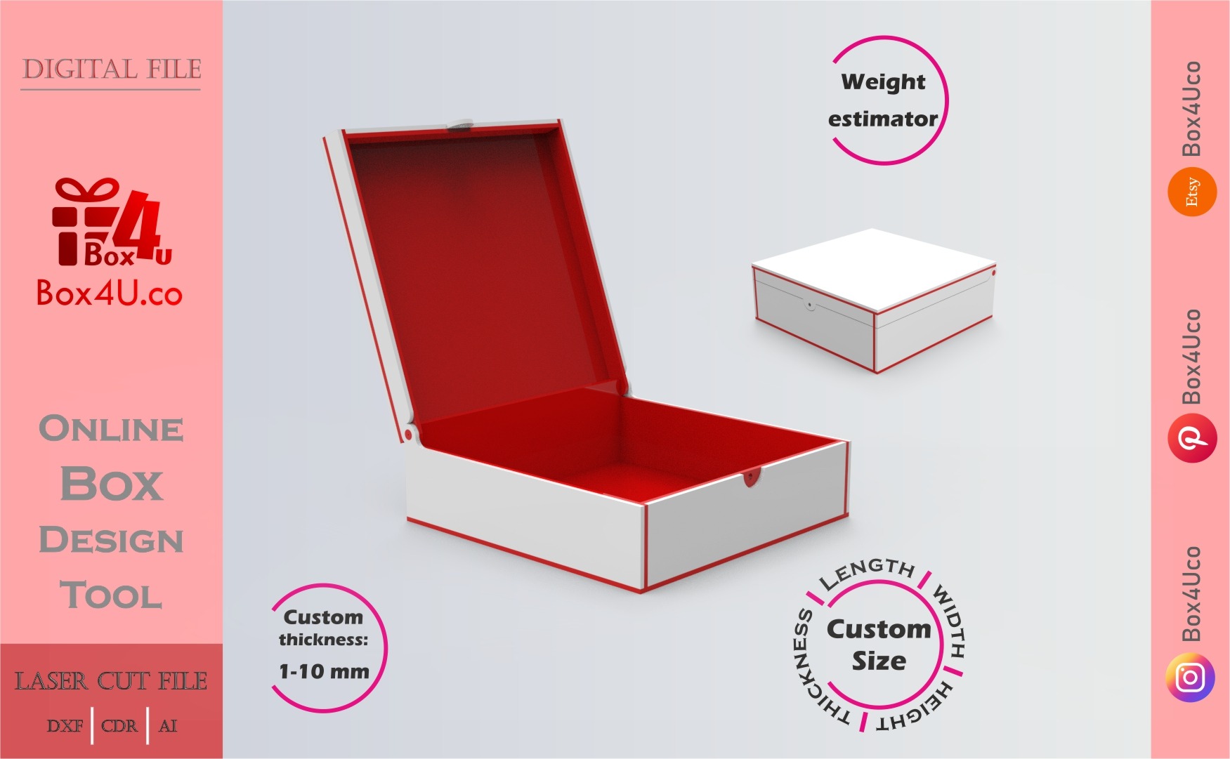Make Cherished Keepsake Box | red acrylic | Online app tool for gift boxes | custom size laser cut file DXF, AI, CDR | Box4U