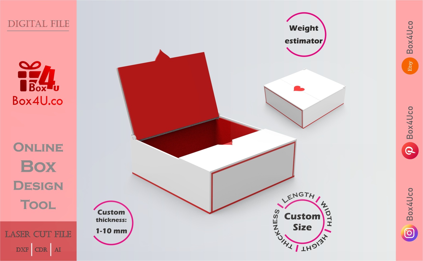 Make Top Solo Door Box | red acrylic | Online app tool for gift boxes | custom size laser cut file DXF, AI, CDR | Box4U