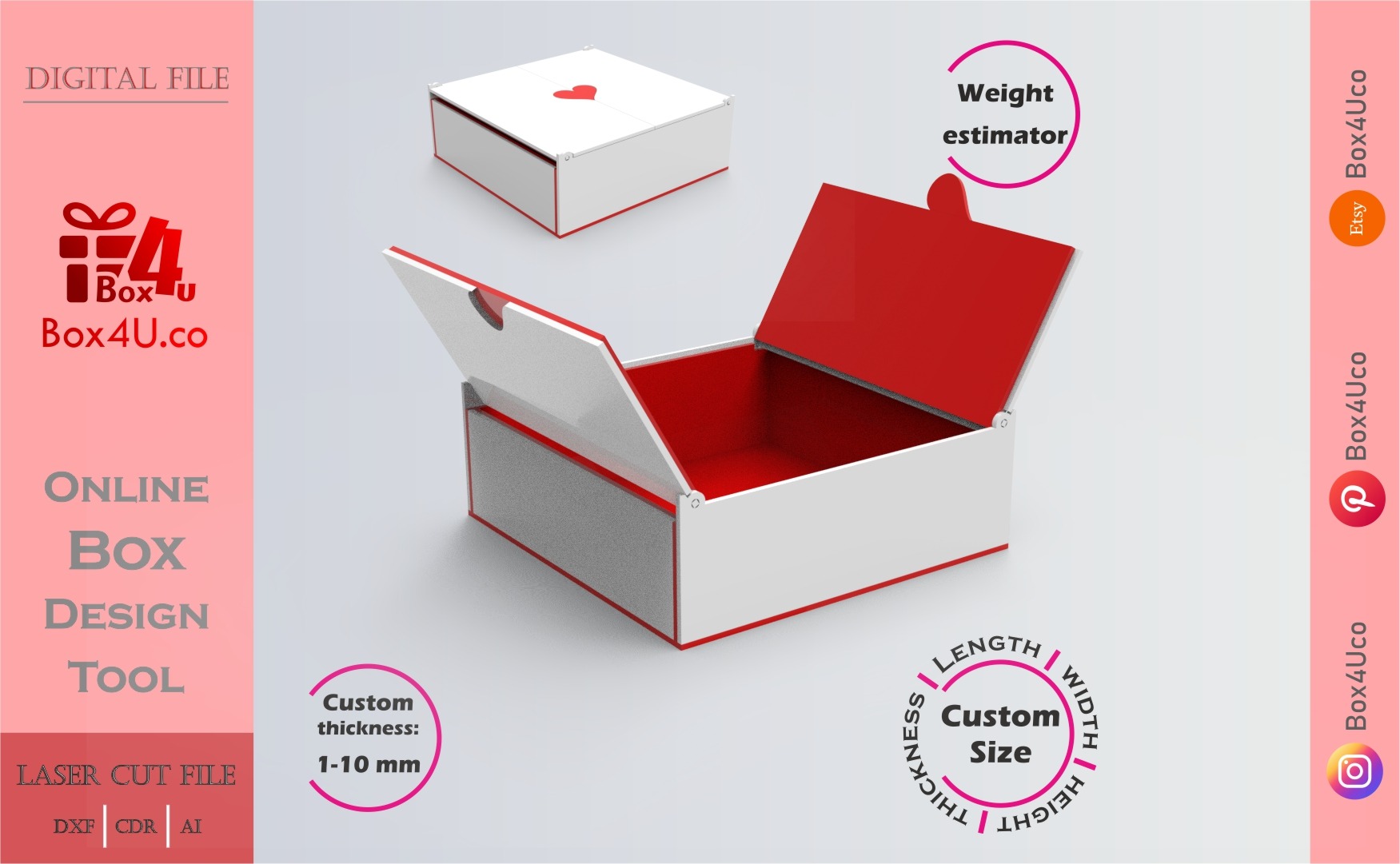 Make Top Duo Door Box | red acrylic | Online app tool for gift boxes | custom size laser cut file DXF, AI, CDR | Box4U