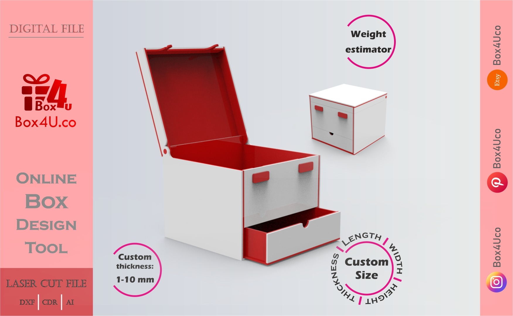 Make Latch Box with Drawer | red acrylic | Online app tool for gift boxes | custom size laser cut file DXF, AI, CDR | Box4U