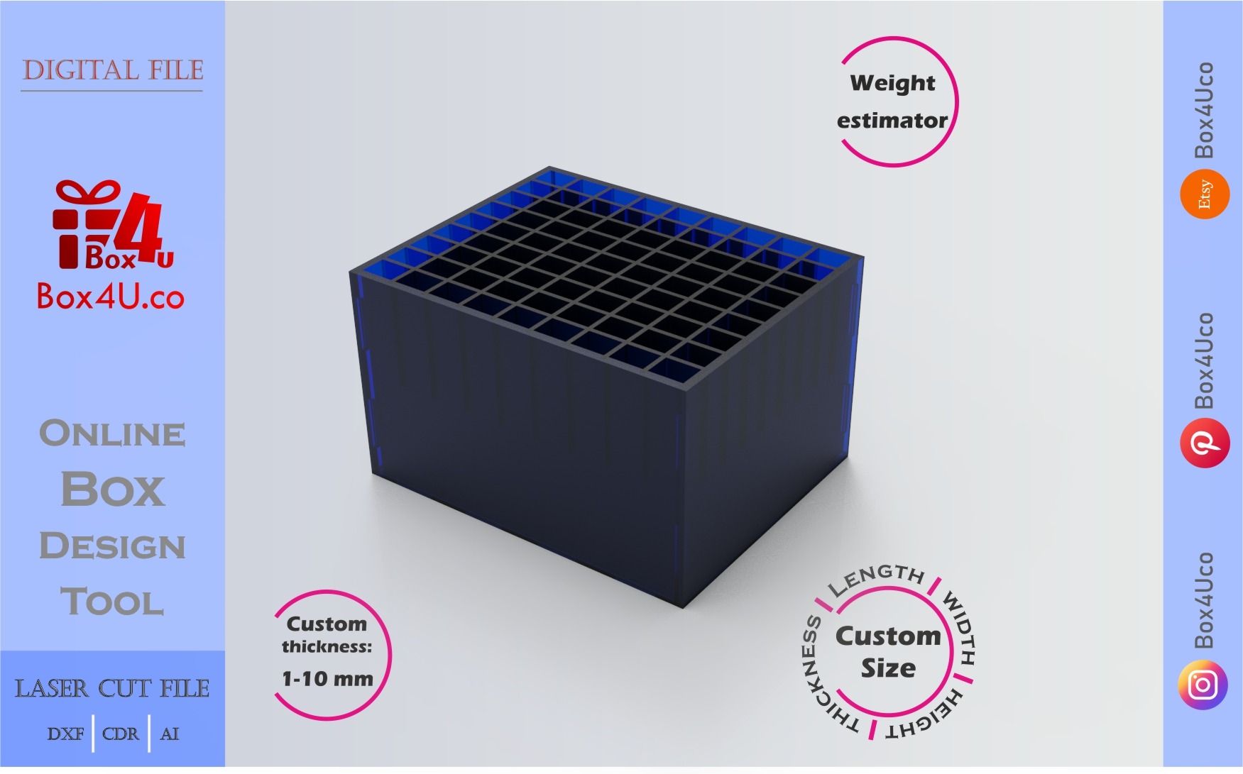 how to download and make a blue acrylic cubic devider box using Box4U online design tool | DXF maker for laser cutting