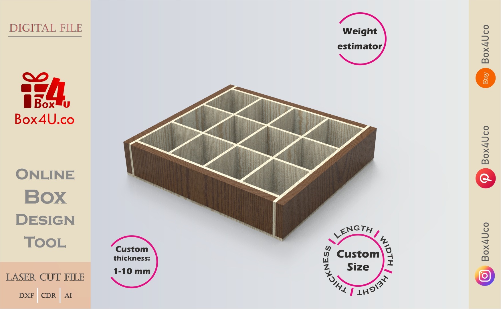 Download cut file for a wooden cubic divider box using Box4U online design tool | DXF generator for laser cutting