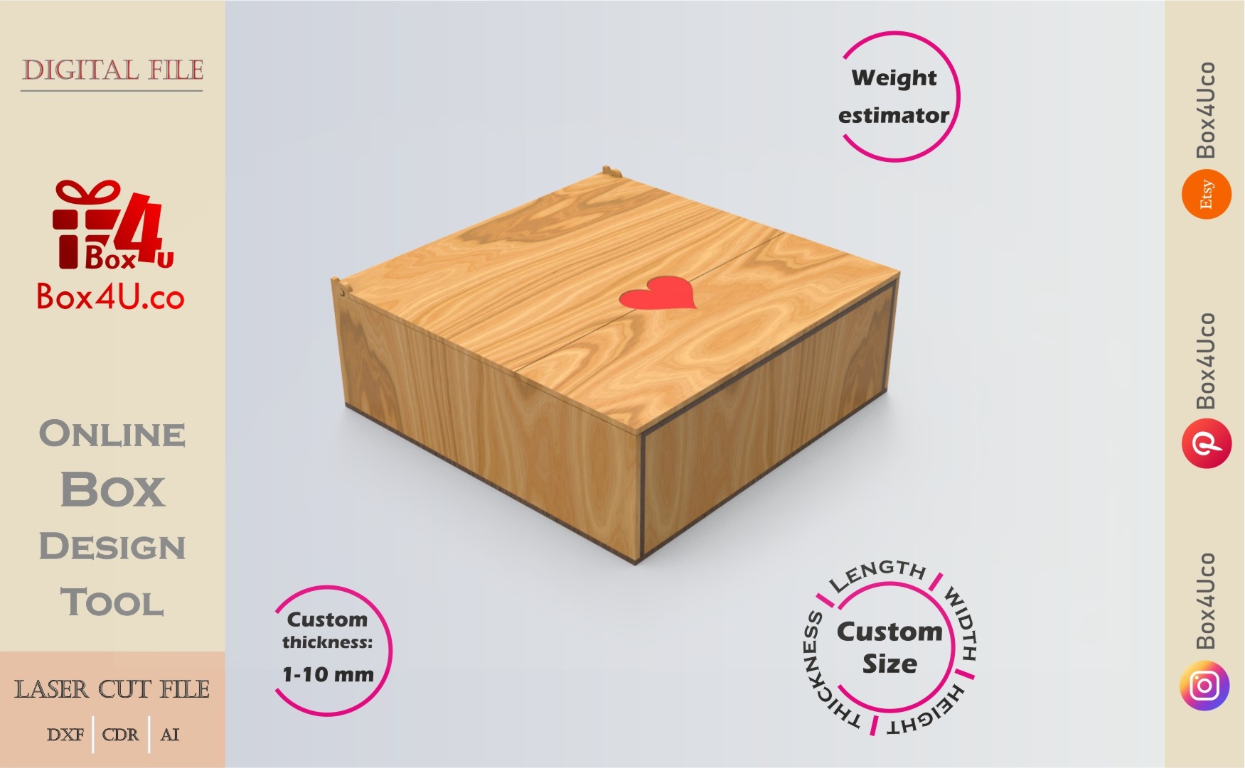 Download cut file for a wooden Top Solo Door Box using Box4U online design tool | DXF generator for laser cutting