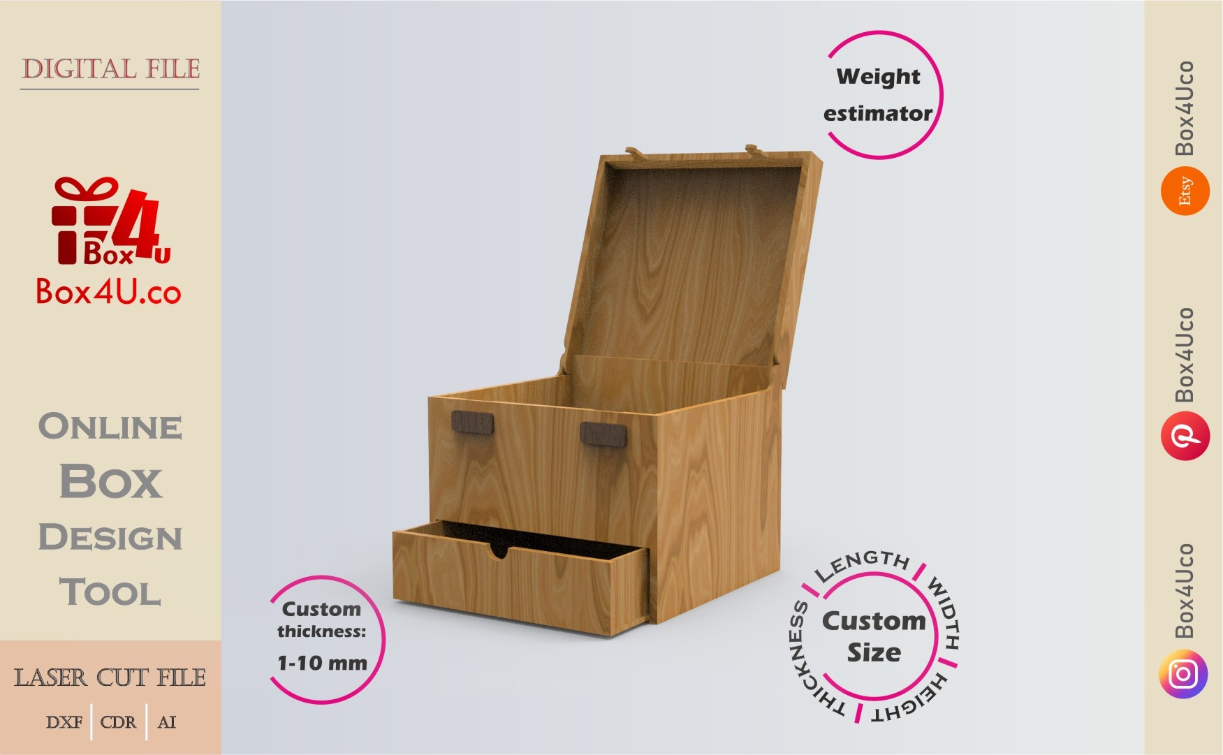 Download cut file for a wooden Latch Box with Drawer using Box4U online design tool | DXF generator for laser cutting