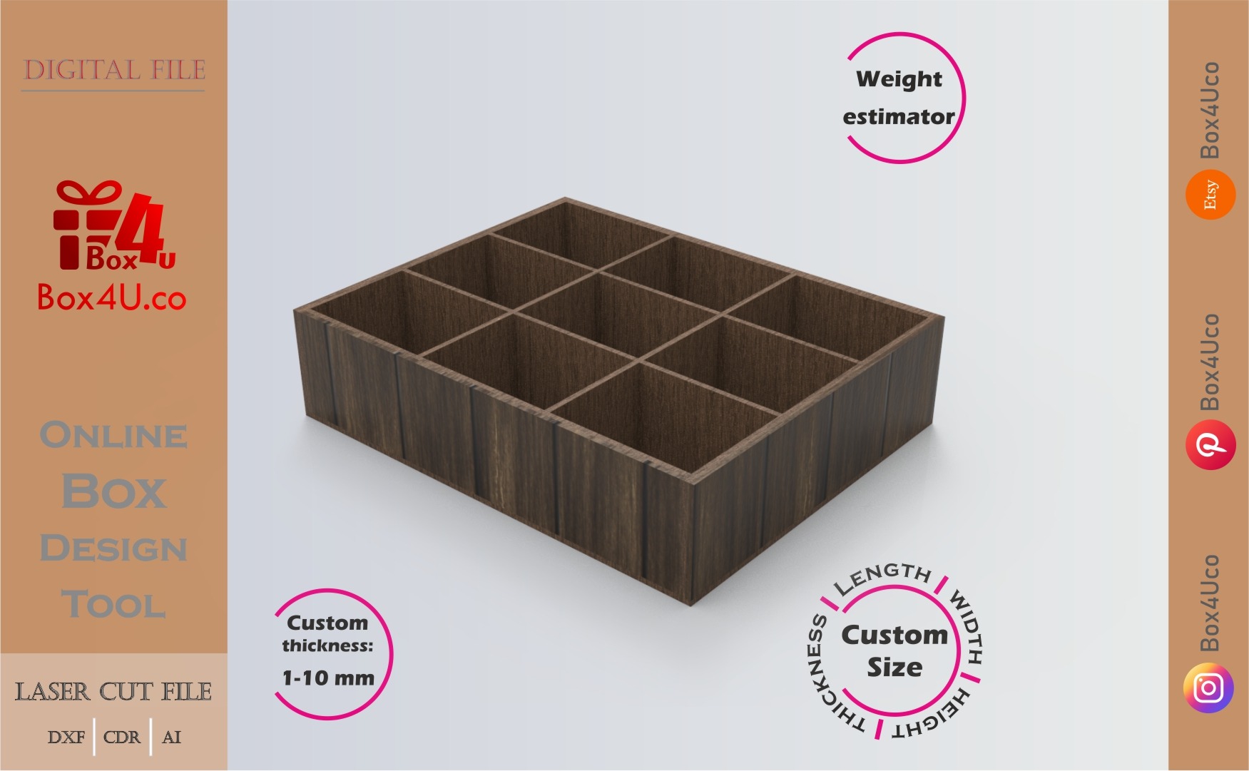 how to download a walnut cubic divider box using Box4U online design tool |DXF maker for laser cutting