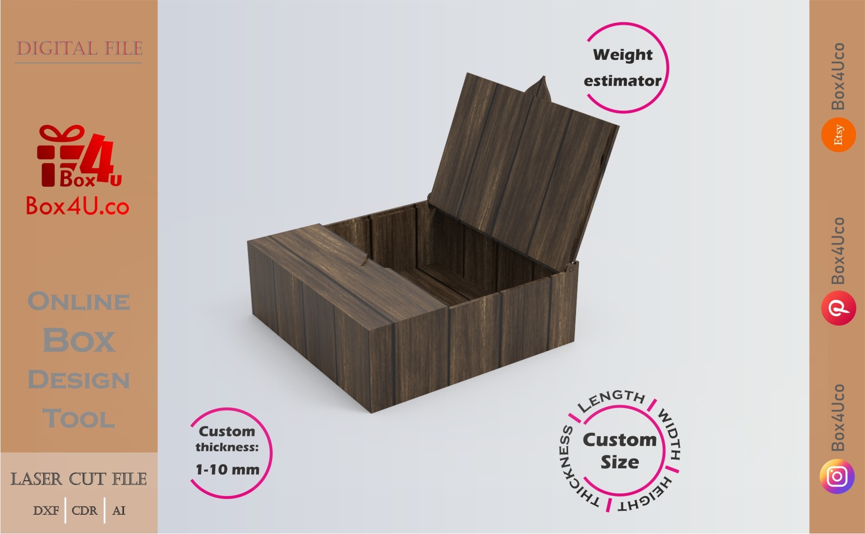 Download cut file for a wooden Top Solo Door Box using Box4U online design tool | DXF generator for laser cutting