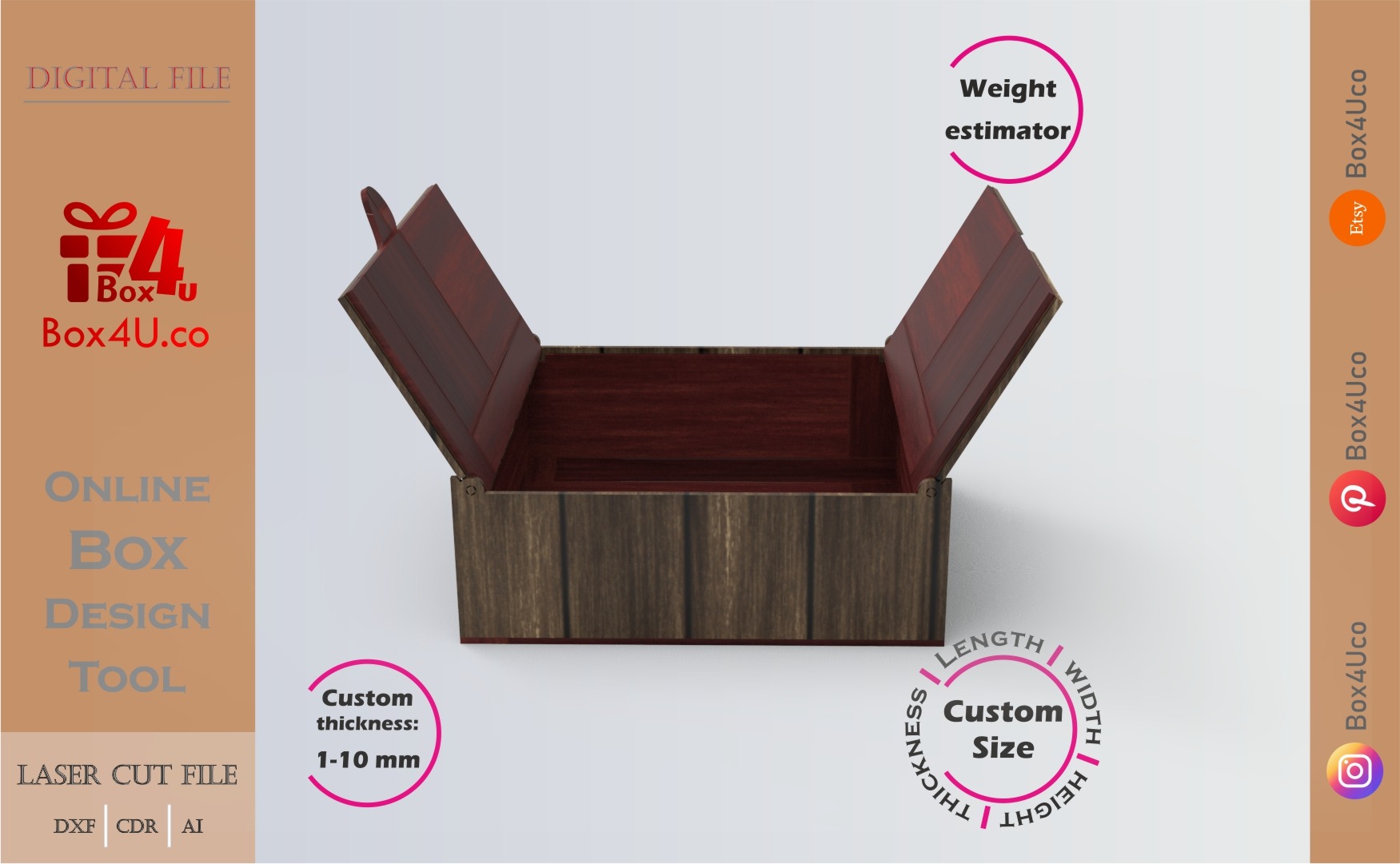 Download cut file for a wooden Top Duo Door Box using Box4U online design tool | DXF generator for laser cutting