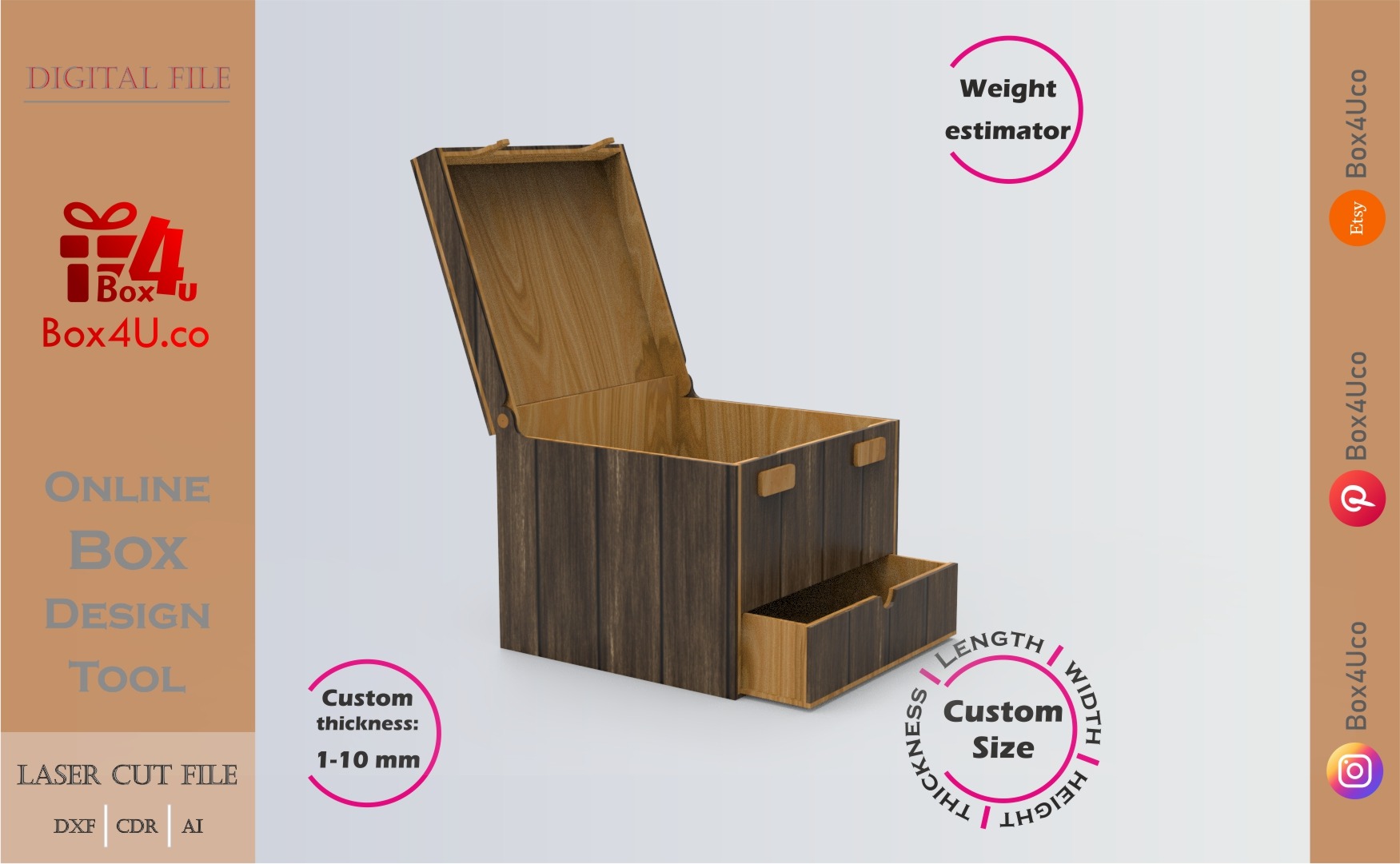 Download cut file for a wooden Latch Box with Drawer using Box4U online design tool | DXF generator for laser cutting