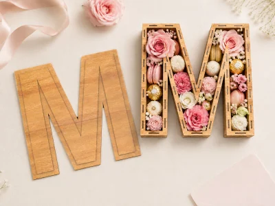 Letter M Box Laser Cut File detail view showing construction, edges, and laser cut parts