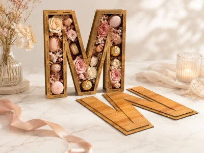 Letter M Box Laser Cut File styled lifestyle scene showing the finished laser cut design in use