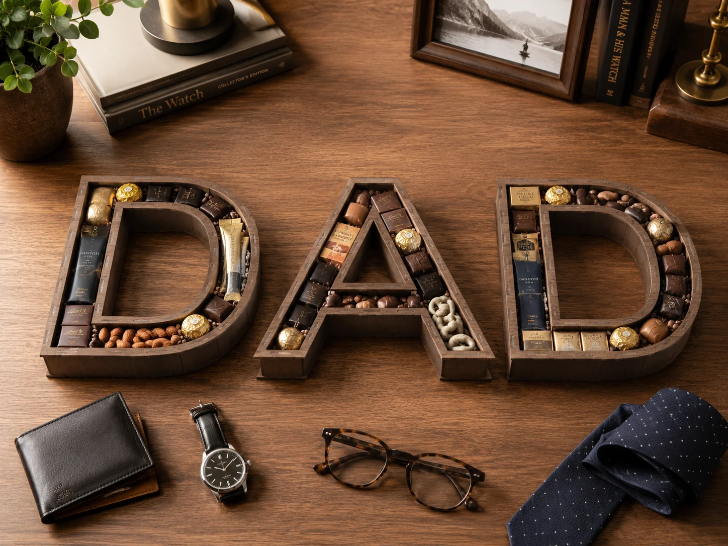 DAD wooden gift box tray filled with chocolates and snacks, styled with watch, glasses, tie and wallet